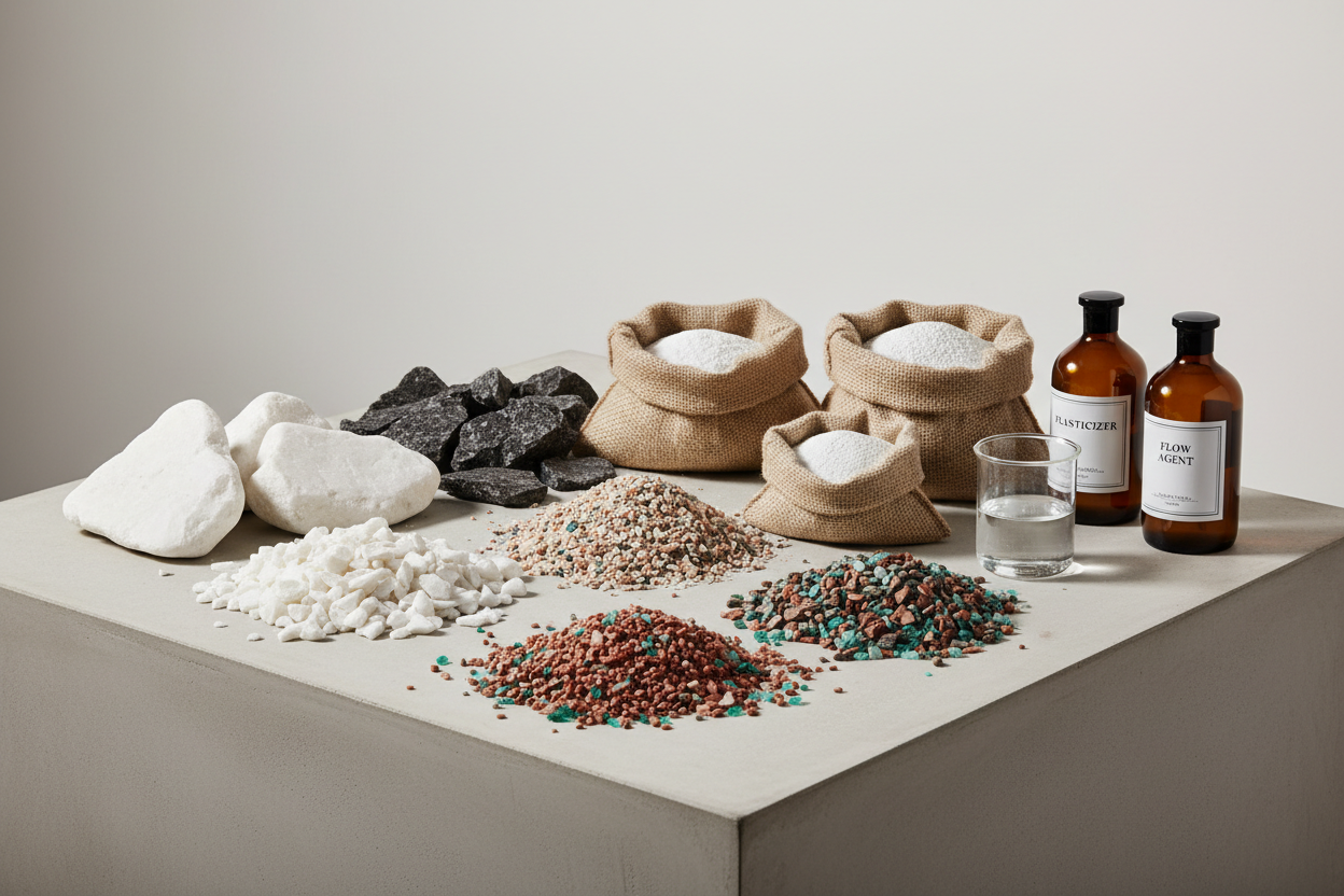 Kollektion für produkte für die herstellung von beton und terrazzoerzeugnissen bspw gesteinskörnungen fließmittel und zement