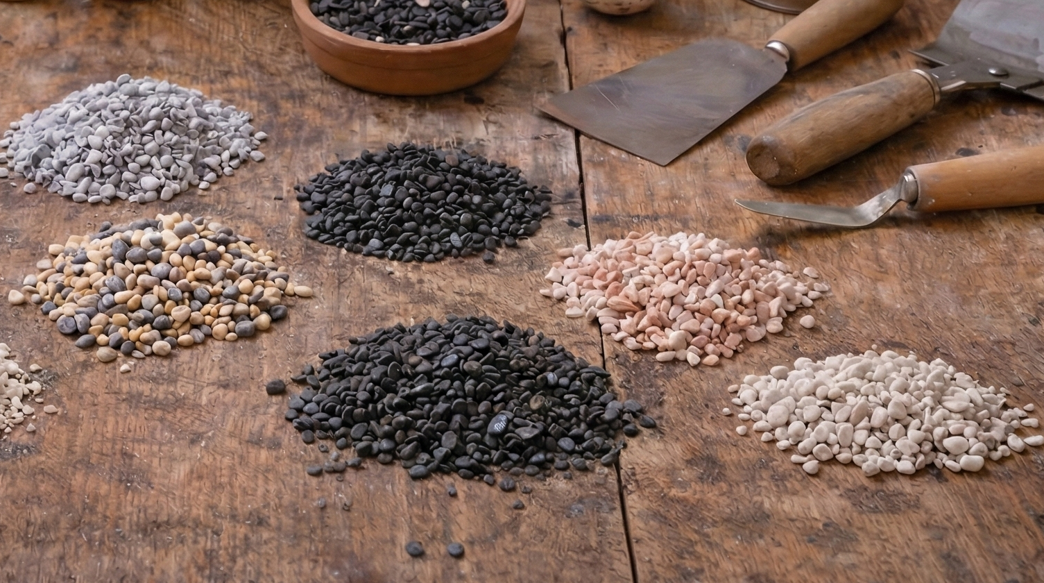 Eine Auswahl an Materialien und Werkzeugen für das Gießen von Beton und Terrazzo, arrangiert auf einer rustikalen Holzwerkbank.